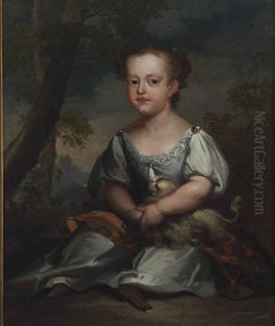 Portrait Of A Sarah Cosby In A Blue Dress, Seated In A Wooded Landscape With A Dog In Her Lap by James Latham