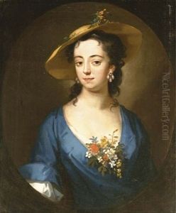 Portrait Of A Lady Wearing A Blue Silk Dress With A Spray Of Flowers And A Straw Hat