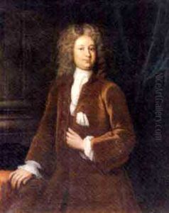 Portrait Of A Gentleman, In A Brown Velvet Coat And White Cravat, His Right Hand Resting On A Table, A Blue Curtain Beyond