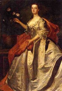 Portrait Of Mary, Wife Of Edward Howard, 9th Duke Of Norfolk, In A Pale Blue Dress And Red Wrap, By An Urn Of Carnations