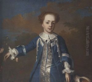 Portrait Of Dudley Alexander Sydney Cosby, Lord Sydney Of Leix, When Six Years Old, In A Blue Suit, By A Rosebush, A Dog At His Side