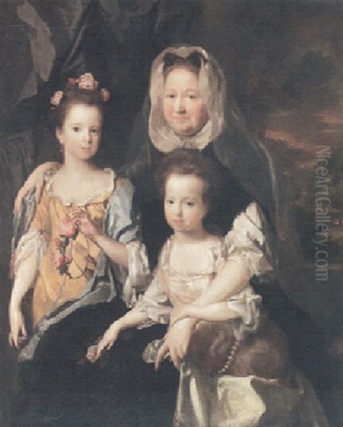 A Group Portrait Of A Lady With Two Young Girls, One Holding A Garland Of Roses - view 1
