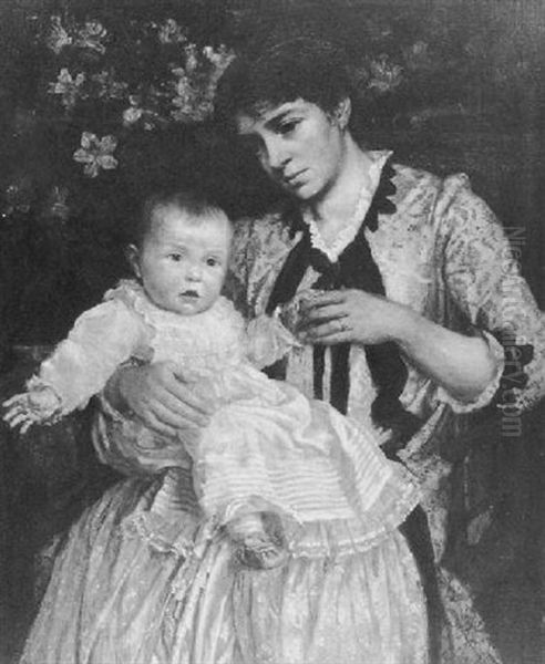 Mother With Child In Christening Dress With Floral Background - view 1