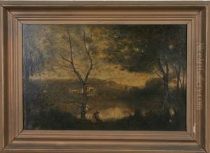 Barren Tree With Kneeling Female Along The River Bank by Gaspard Latoix