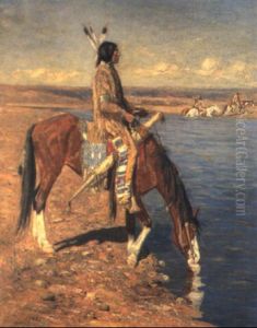 A Mounted Red Indian At A Pool by Gaspard Latoix