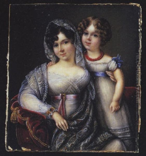The Countess Of Waldegrave And Her Son, John: She Is Wearing White Dress With Pink Ribbon Waistband, Lace Mantilla, A Bracelet And A Shawl... - view 1