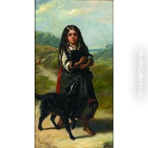 A Young Girl Holding Puppies With A Dog By Her Side On A Country Lane