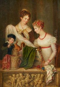 Ladies With Embroidery A Couple Making Music by Marie Latour