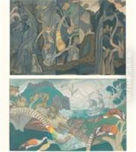 Oiseaux Dans Un Paysage Rocheux (+ Oiseaux Devant La Mer; Pair)