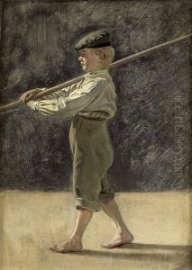 Knabe Mit Schirmmutze Und Langem Holzstab by Ernst Christian Clausen Laub