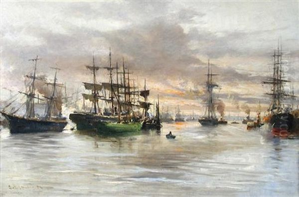 Sailing Ships In Harbor At Sunset - view 1