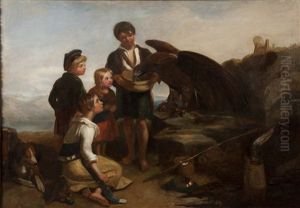 Children On The Edge Of A Mountain With Dog, Feeding A Large Eagle (+ Untitled Sketch, Pencil; 2 Works)