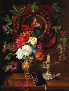 Still Life With Bouquet Of Flowers And Madonna, Garlanded By Passion Flowers
