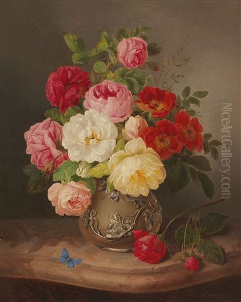 Still Life With Roses In A Vase And A Blue Butterfly by Josef Lauer