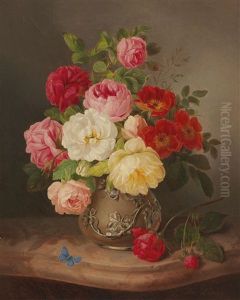 Still Life With Roses In A Vase And A Blue Butterfly