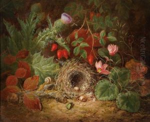 A Still Life With Bird Nestnest, Cyclamen Flowers, Thistles And Rose Hips by Josef Lauer