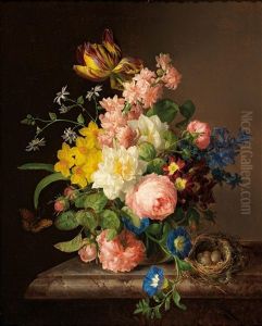 Bouquet Of Flowers In A Vase With Bird"s Nest And Butterfly