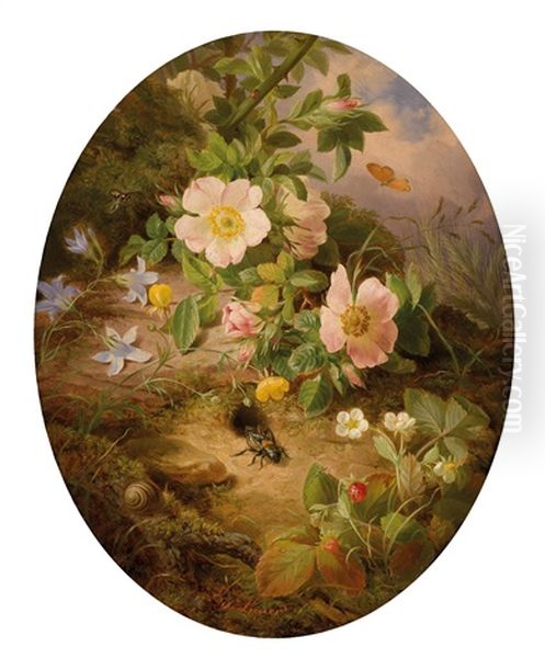Blumenstuck Mit Rosen Und Erdbeeren Am Waldboden - view 1