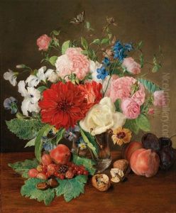 Blumenstillleben Mit Nussen, Beeren Und Zwetschken
