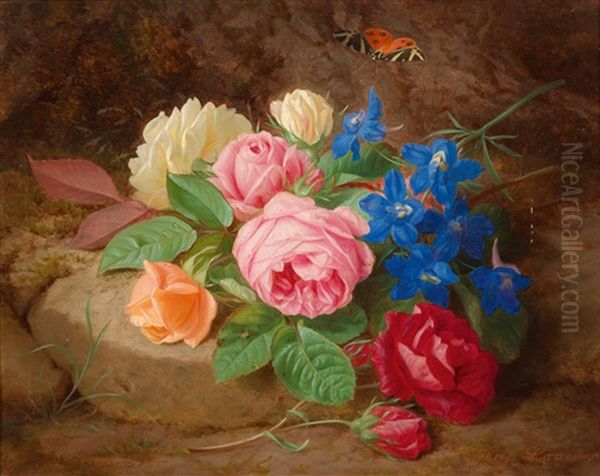 Rosen, Akeleienzweig Und Ein Schmetterling - view 1