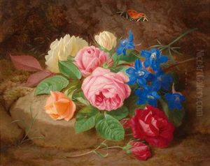 Rosen, Akeleienzweig Und Ein Schmetterling