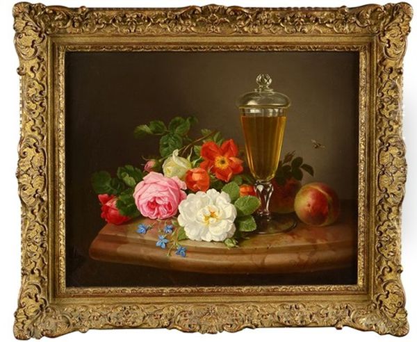 Peches, Roses Et Verre Sur Un Entablement - view 1