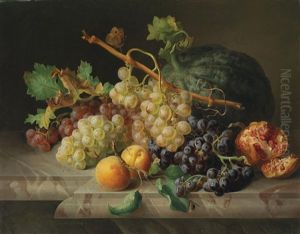 Stillleben Mit Granatapfel, Weintrauben Und Melone