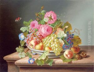 Stillleben Mit Rosen, Weintrauben, Pfirsichen, Birnen Und Einem Schmetterling