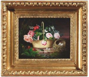 Stilleben Am Waldboden Mit Rosen In Einem Weidenkorb Und Einem Vogelnest by Josef Lauer
