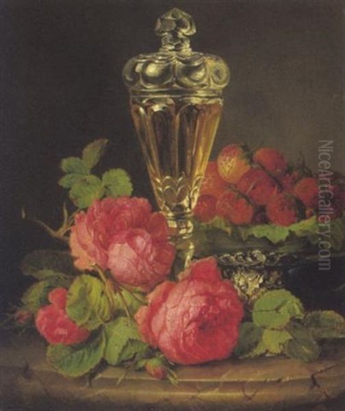 Stilleben Mit Rosen, Erdbeeren Und Einem Glaspokal - view 1