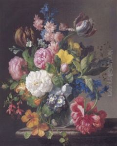 Blumenstrauss In Einer Glasvase Auf Einer Steinbrustung by Josef Lauer