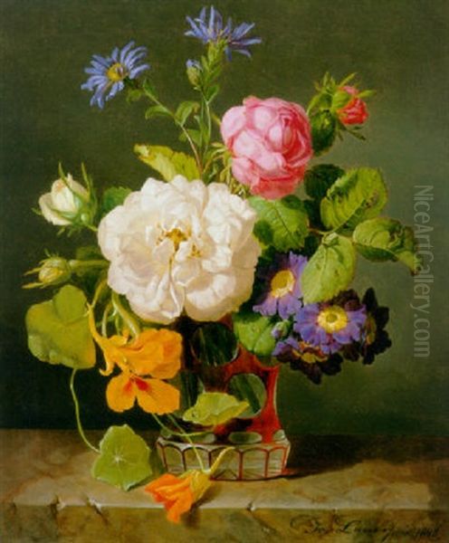 Damask Roses, Bourbon Roses, Michaelmas Daisies, Nasturtiums And Polyanthus Primulas In A Vase - view 1