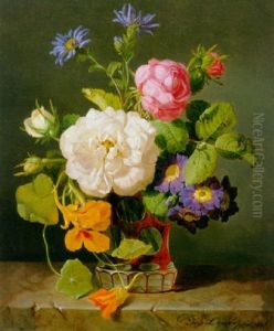 Damask Roses, Bourbon Roses, Michaelmas Daisies, Nasturtiums And Polyanthus Primulas In A Vase