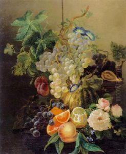 Black And White Grapes In An Urn With A Gourd, Roses, Oranges And Lemons On A Ledge by Josef Lauer
