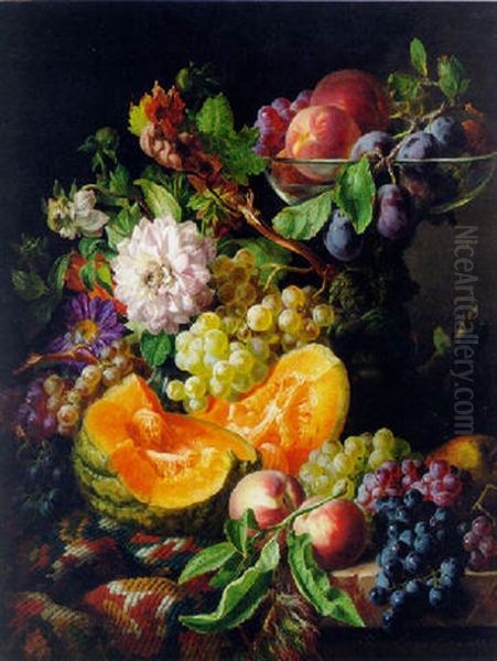 Peaches, Plums, Grapes, And Melon With Autumn Flowers On A Draped, Marble Ledge - view 1