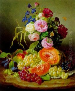 Blumenstuck Mit Fruchten Und Blumen, Umgeben Von Haselnussen Und Trauben