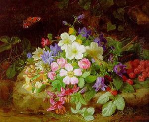 Ein Blumenstraus Mit Himbeeren Und Einem Schmetterling