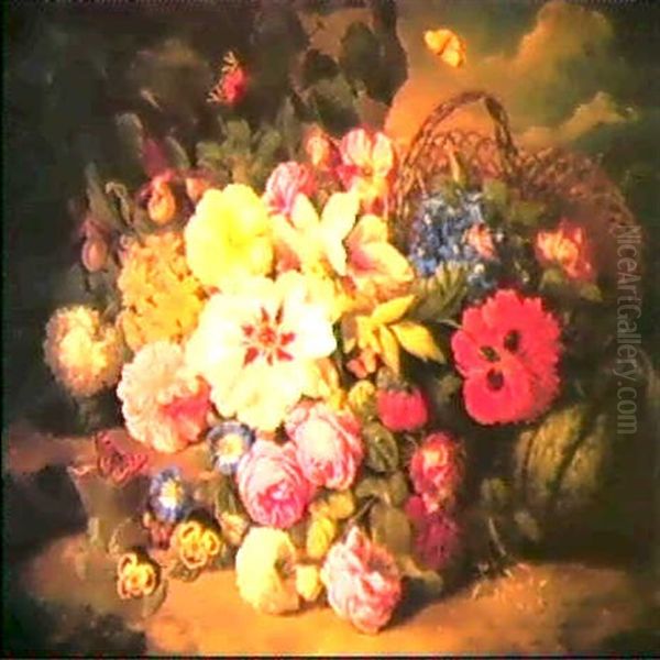 A Still Life Of Flowers, Butterflies, A Melon And A Basket In A Mountainous Landscape - view 1