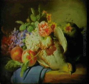 A Still Life With Fruit, Flowers And Dead Game On A Ledge by Josef Lauer