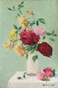 Bouquet De Roses Dans Un Vase Sur Un Entablement by Achille Lauge