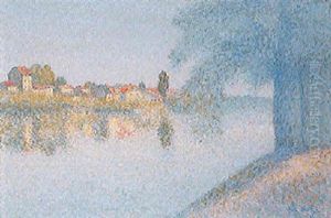 Village Aux Abords D'un Cours D'eau by Achille Lauge