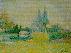 Paysage A La Riviere, Impression Verte Et Bleue Paysage A La Riviere, Impression Verte Et Bleue