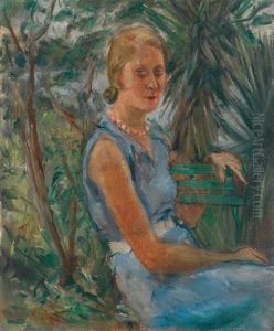 Portrait De Femme Assise Dans Un Jardin Exotique by Jean Launois