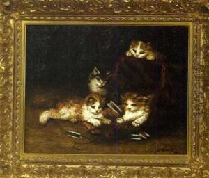 Four Kittens At Play With A Spool Of Wool by Marie Yvonne Laur