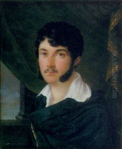A Fine Portrait Of Count Vittorio Alfieri In Blue Cloak With Gold Tassel Fastening And White Shirt Swagged Green Curtain