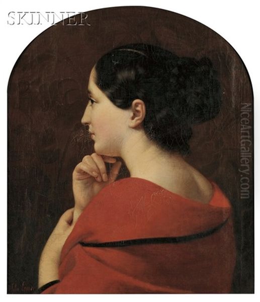 Portrait In Profile Of A Young Woman With A Red Drape - view 1