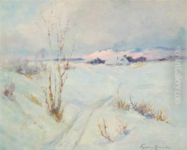 Winter Landscape At Dusk With A Snow Covered Cabin And Mountains In The Distance - view 1