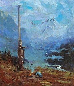 A Totem Pole With Mt. Mckinley In The Distance by Sydney Mortimer Laurence