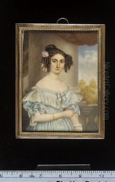 A Lady, Called Pauline Farrere, Baronne Saint-andre, Standing By A Balustrade, Wearing Low-cut Pale Blue Dress With Bows And White Lace Cuffs At The Short Sleeves And White Lace Collar Tied With Pale Blue Ribbon Bow At Her Corsage, She Holds A Gold Lorgne - view 1
