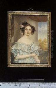 A Lady, Called Pauline Farrere, Baronne Saint-andre, Standing By A Balustrade, Wearing Low-cut Pale Blue Dress With Bows And White Lace Cuffs At The Short Sleeves And White Lace Collar Tied With Pale Blue Ribbon Bow At Her Corsage, She Holds A Gold Lorgne